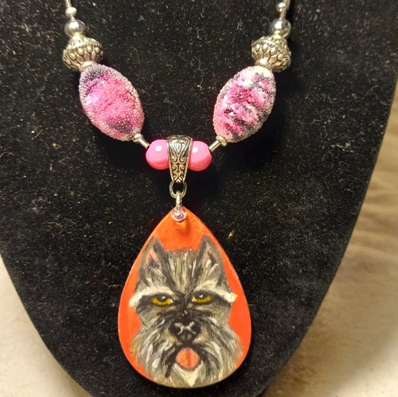 Handmade, handpainted on black  leather mini schnauzer breed necklace with beads - Picture 2 of 2